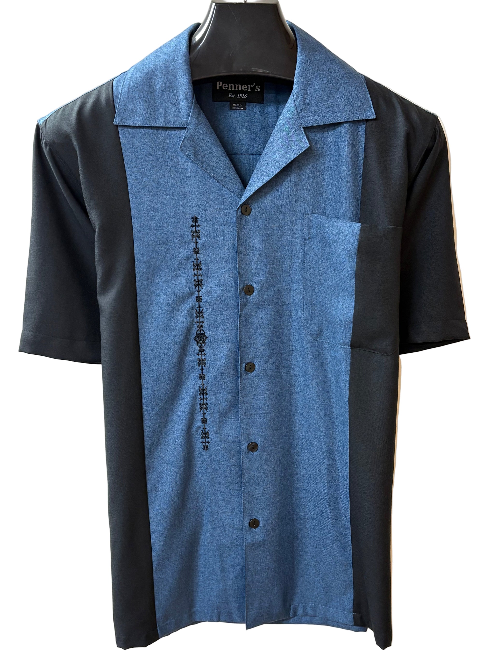 El Hombre shirt is custom made for Penner's! This retro shirt is square bottom and is perfect to dress up with some Stacy's and a nice fedora or casual with shorts and sandals. Made with lightweight poly so you can wash it and wear it. You'll love these shirts! 