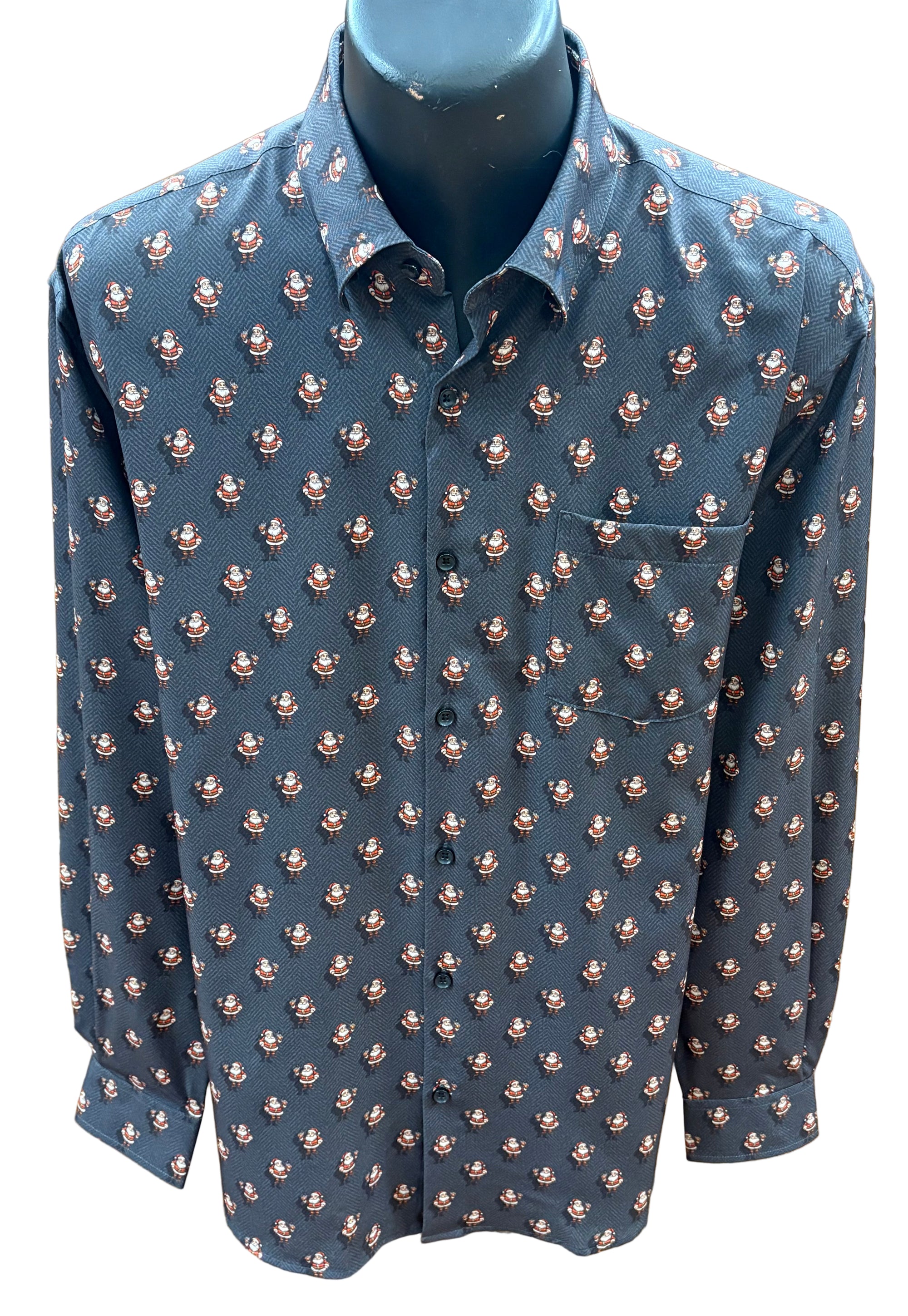 Long sleeve Santa Clause with a drink in hand all throughout the shirt. The perfect shirt to wear for holiday parties. Made of polyester, this shirt is wash and wear and has a pocket. 