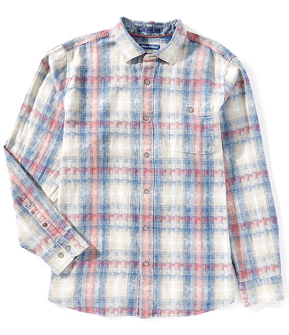 From Tommy Bahama, this shirt features:


Plaid pattern
Spread collar
Long sleeves
Button-front closure
Patch pocket on the left side of chest
Shirttail hem
Cotton
Machine wash/tumble dry