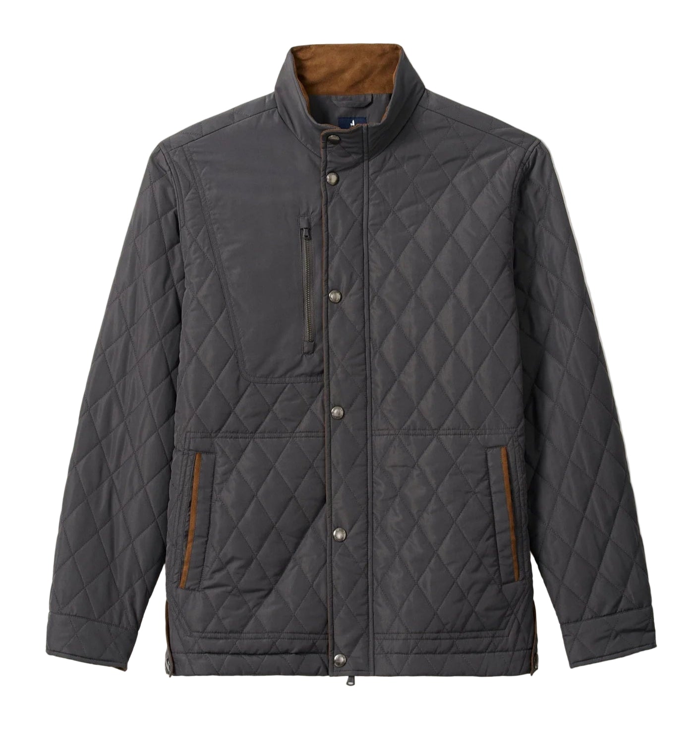 Inspired by classic hunting styles and barn jackets, this modern take on a menswear staple is finished with magnetic pockets and performance suede that will take your cool weather wardrobe to the next level.&nbsp;*If between sizes, we recommend to size down

3/4 length quilted barn jacket
Zip chest pocket
Snap placket
Double zip front
Side pockets with magnetic closures
Snap cuffs and vents
Embroidered "johnnie-O" text at center back neck
100% Polyester
Dry clean only
Style#: JMJK2410 or JMJK100650
