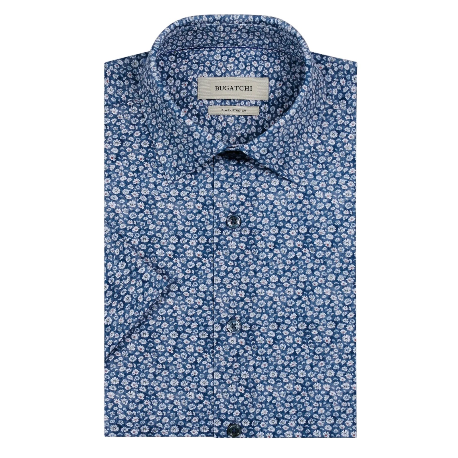 Floral patterned shirt with Bugatchi label on a light gray background