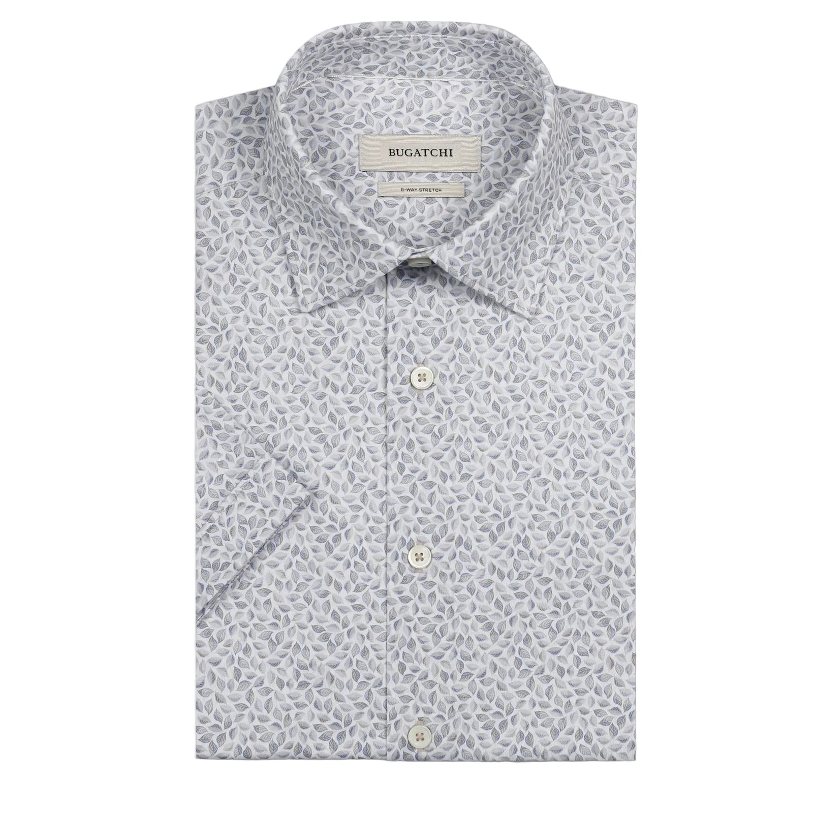 Short-sleeve shirt with subtle pattern on a light gray background
