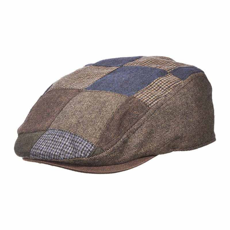 Lightweight wool blend flat cap for fall wear.

Shades of blue and brown tweed patchwork flat cap.

Faux leather peak,&nbsp;1.5".

Satin lined crown.


Cotton inner band with elasticized front portion.

50% wool, 50% polyester.