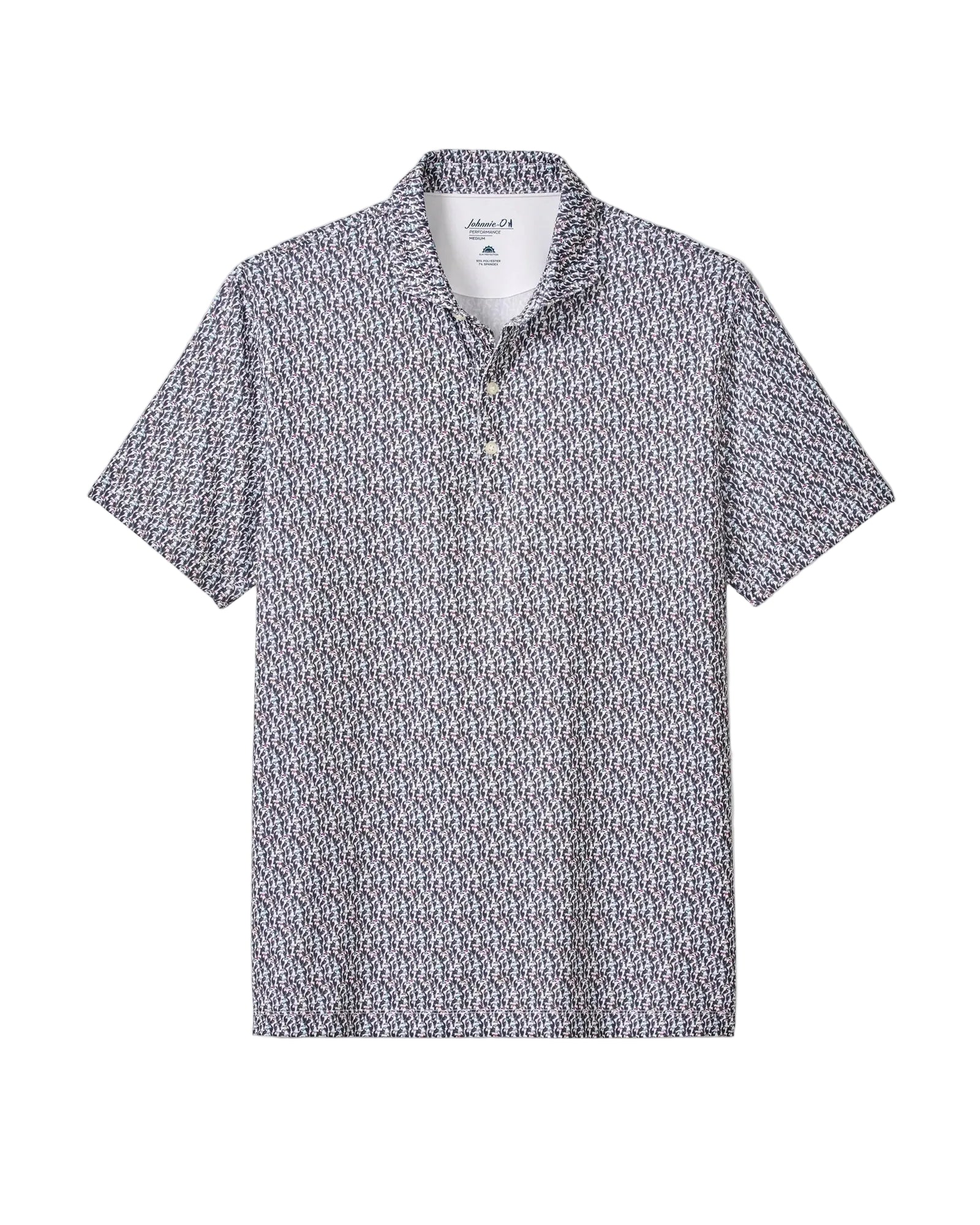 Short-sleeve polo shirt with a subtle pattern on a light gray background