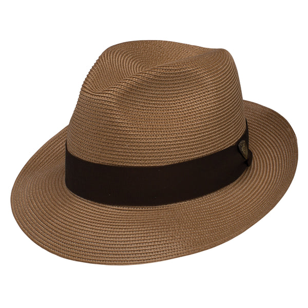 A brown woven straw fedora hat with a dark brown band around the crown, shown on a plain white background.